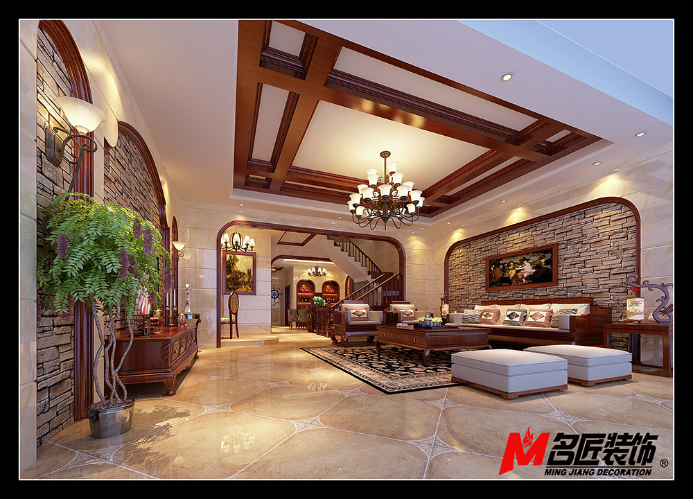 華達新城四居204平米美式風格裝修案例-客廳全景 華達新城四居204平米美式風格裝修案例-客廳全景