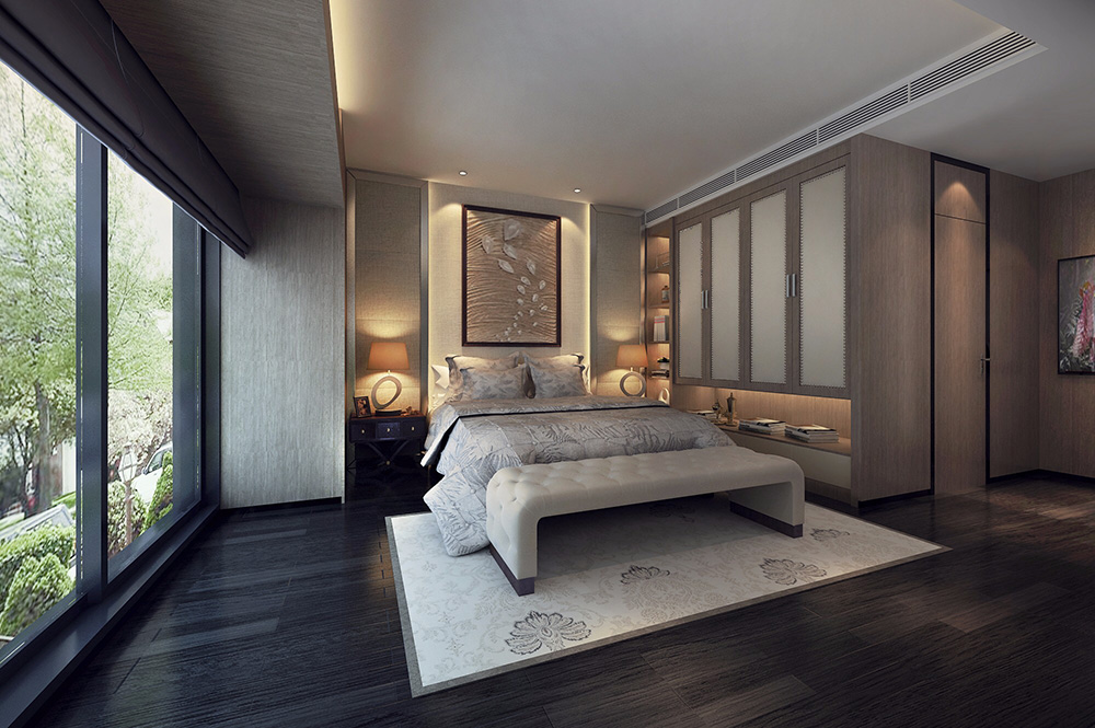 黑白灰現(xiàn)代簡約風格別墅裝修效果圖-名都畔山美墅別墅450平米-別墅臥室