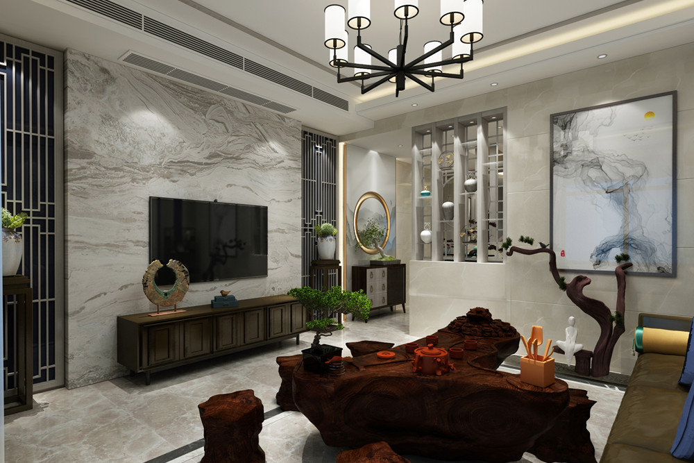 梧州市榜山三級45號住宅樓新中式風格三居室裝修案例